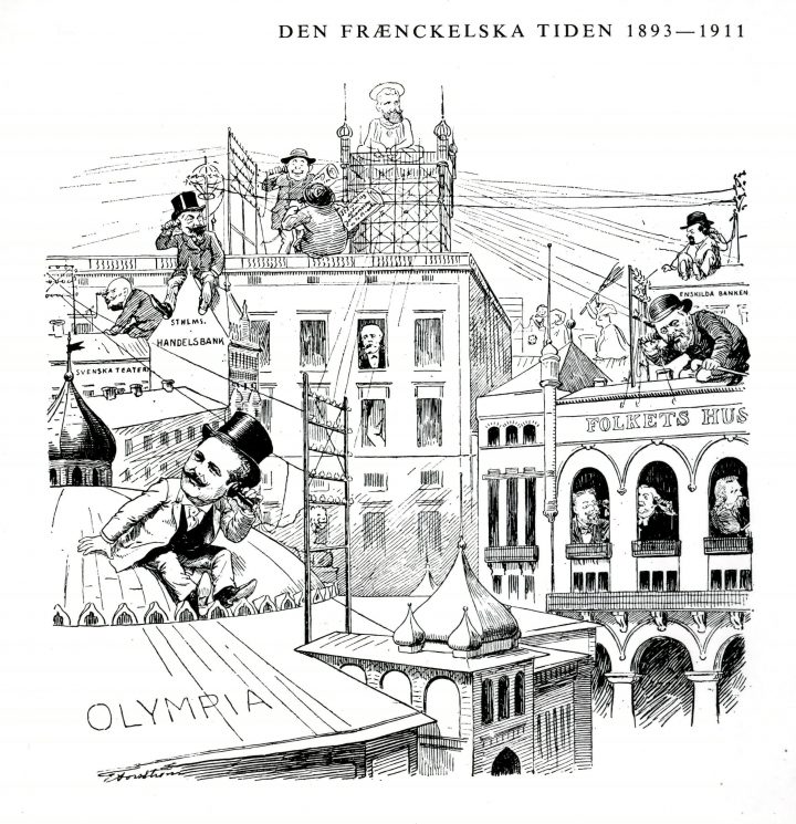 Teckning i tidningen Puck, som illustrerar den Fraenckelska tiden i Stockholm.